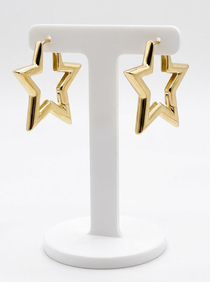 14K gold plated hoop earrings displayed on minimalist jewelry stand