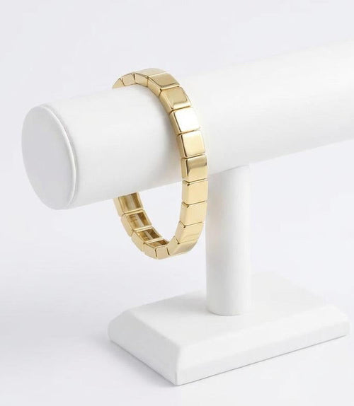 14k gold-plated enamel tile beaded stretch bracelet on neutral background