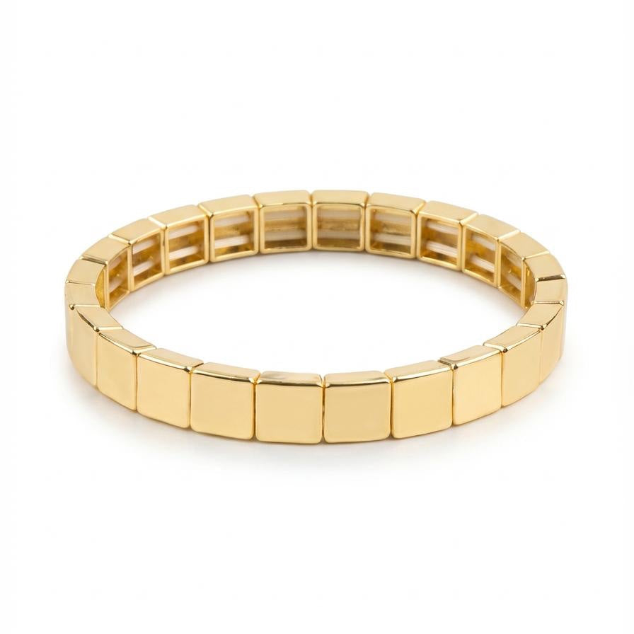 14k gold-plated enamel tile beaded stretch bracelet on white background