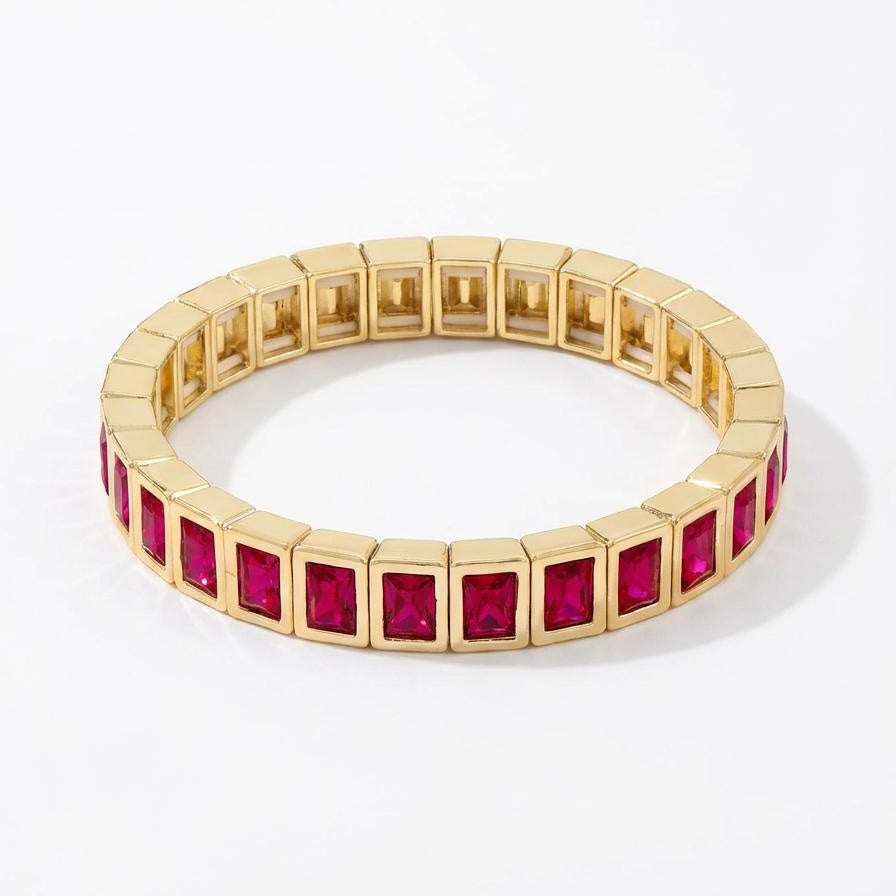 gold-plated tile enamel bracelet with deep pink rectangular beads