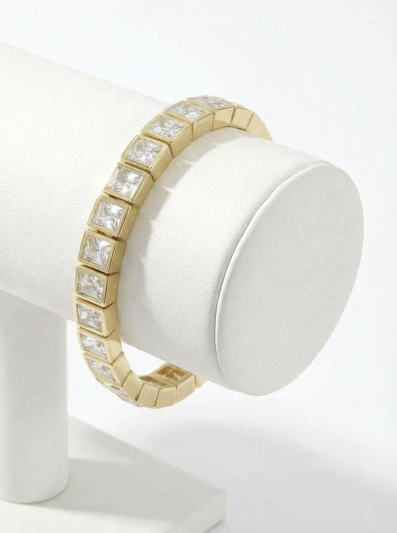 gold-plated enamel tile bracelet with clear crystal accents
