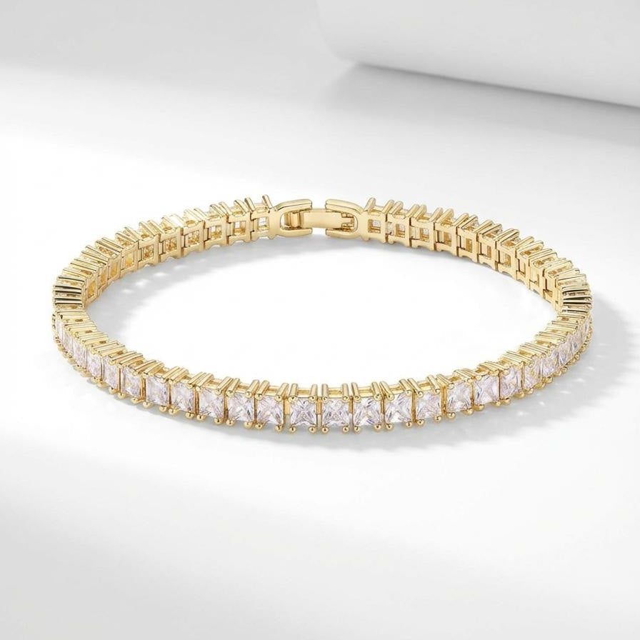 Gold-plated tennis bracelet with square cubic zirconia stones 