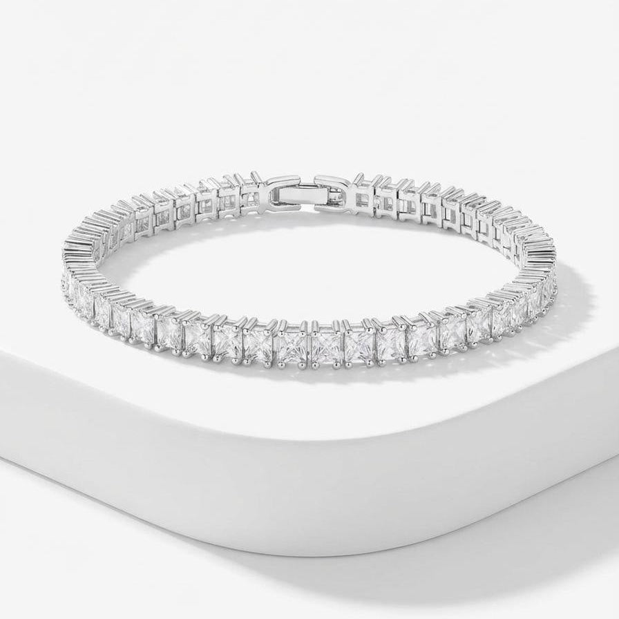 Rhodium-plated tennis bracelet with square cubic zirconia stones