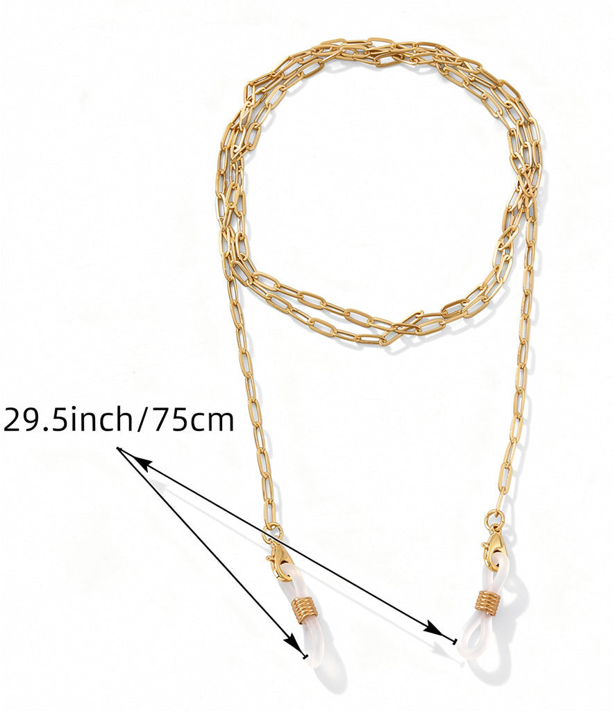 Gold chain necklace with measurements on a white background