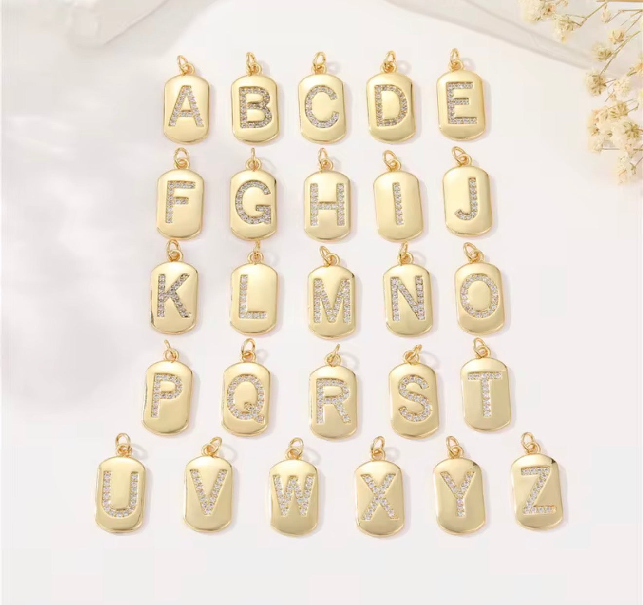Gold cubic zirconia alphabet charm pendants A–Z for personalized necklaces