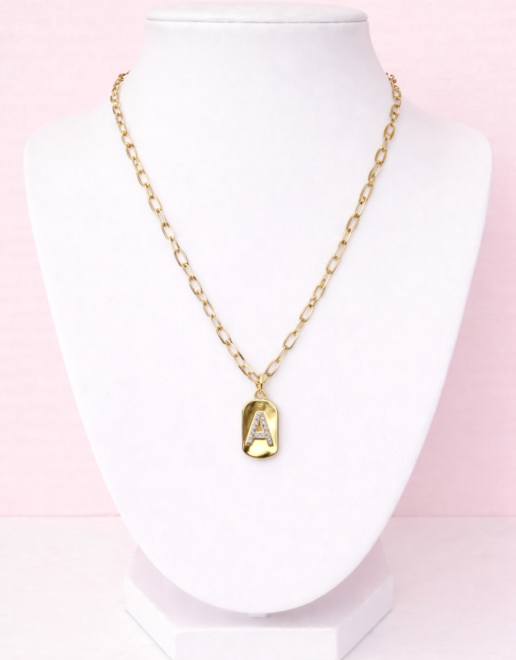 Gold initial charm pendant necklace with cubic zirconia letter on delicate gold chain