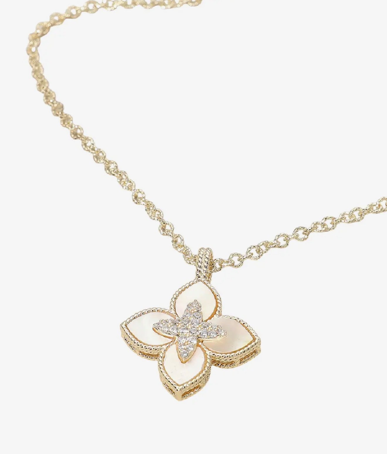 Mother of pearl clover pendant necklace with cubic zirconia on gold chain