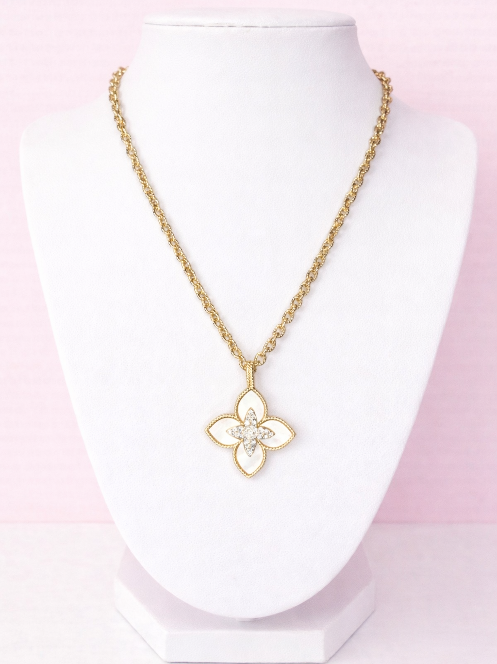Mother of pearl clover pendant necklace with cubic zirconia on gold chain