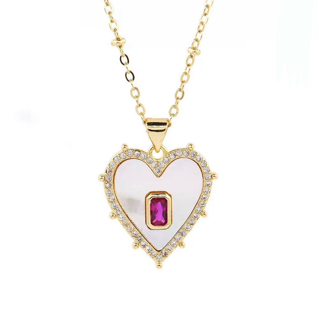 pink cubic zirconia heart pendant necklace, gold halo heart charm, feminine jewellery aesthetic