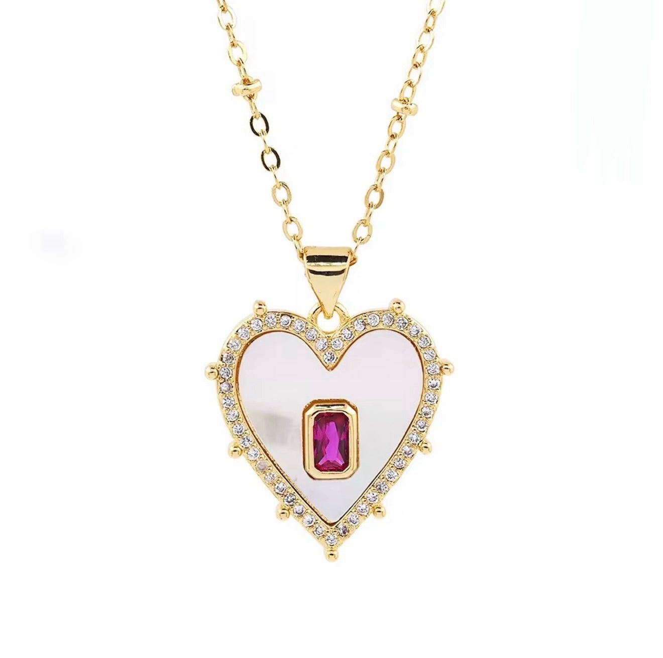 pink cubic zirconia heart pendant necklace, gold halo heart charm, feminine jewellery aesthetic