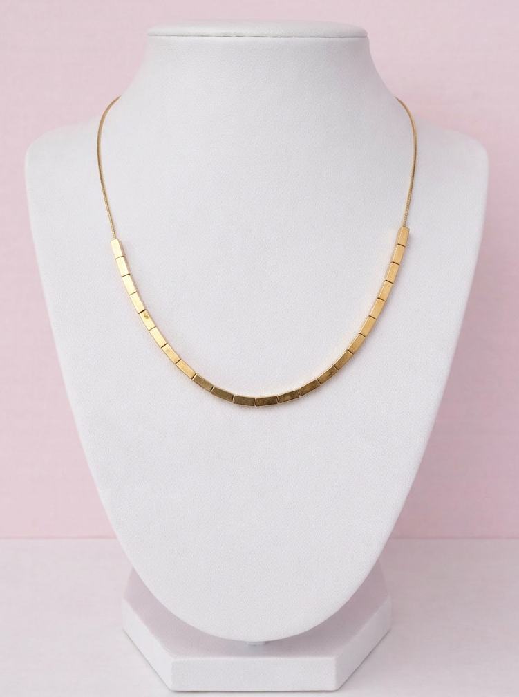 gold block chain necklace on display bust, chunky link chain, stainless steel 18k gold plated necklace