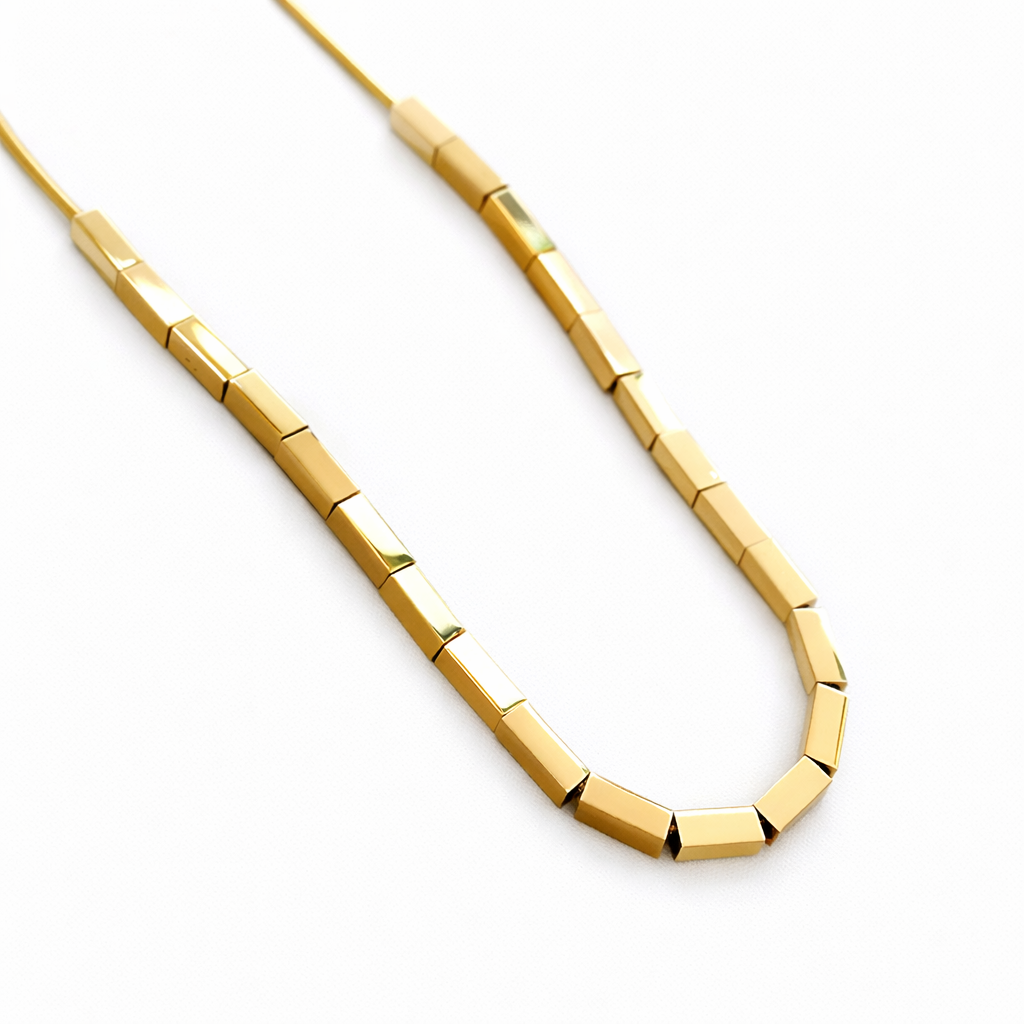 gold block chain necklace on display bust, chunky link chain, stainless steel 18k gold plated necklace