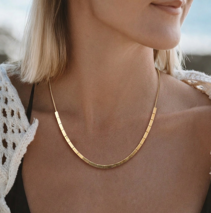 18k gold plated block chain necklace on model, minimalist chunky chain, 18 inch length, water resistant stainless steel jewellery