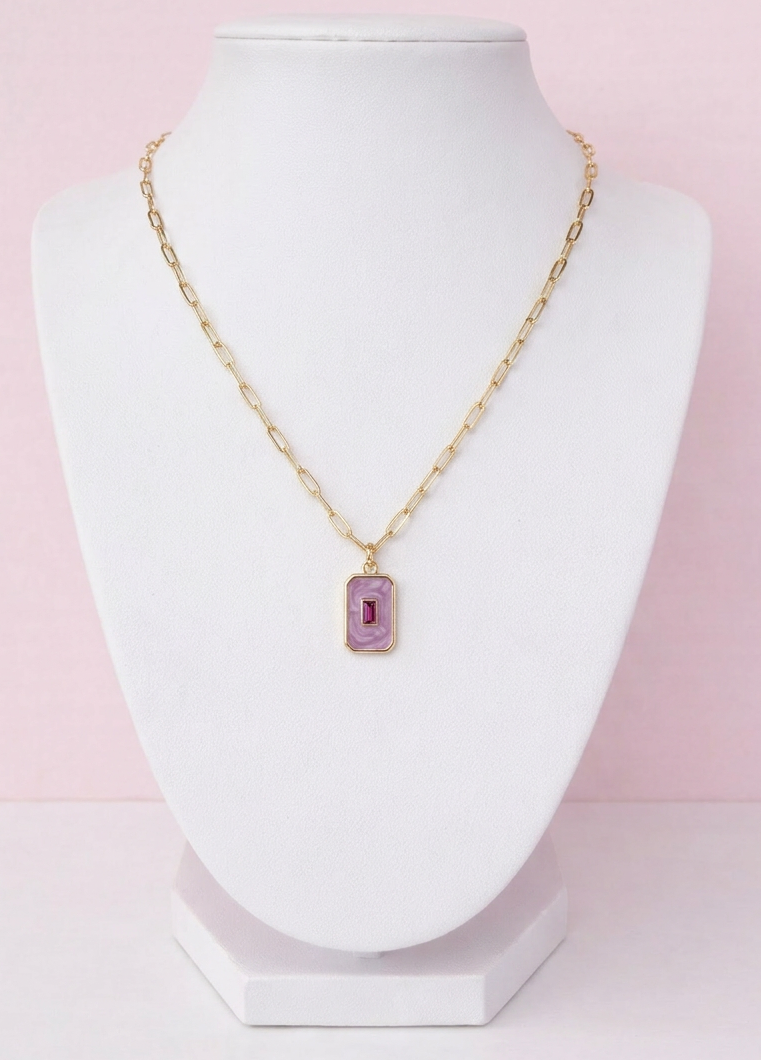 rectangular pink enamel pendant gold charm with cubic zirconia detail, 18k gold filled jewellery