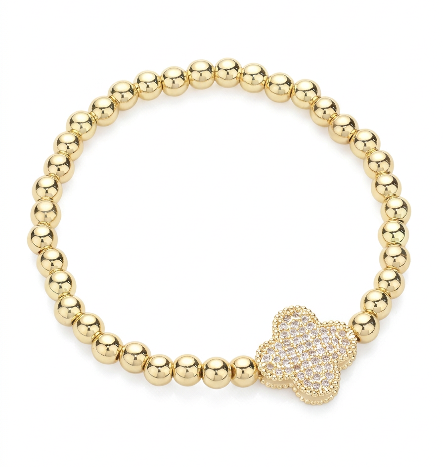 gold beaded clover bracelet, cubic zirconia clover charm, 14k gold plated stainless steel bracelet