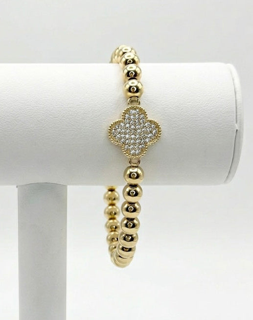 gold beaded clover bracelet cubic zirconia clover charm, 14k gold plated stainless steel bracelet