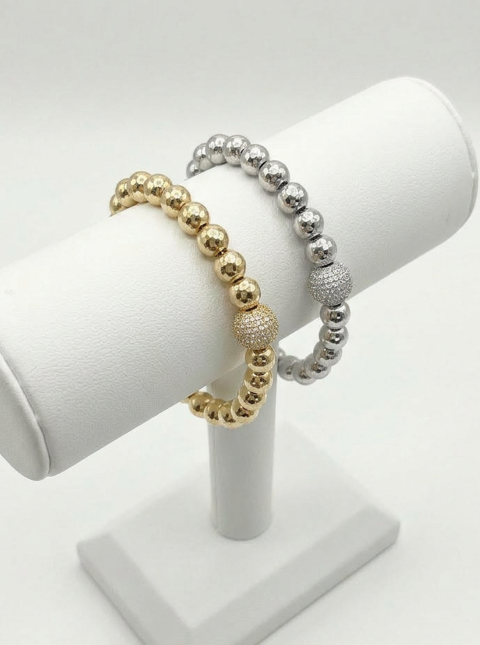 gold and silver beaded stretch bracelets cubic zirconia crystal ball bracelet, layered jewellery look