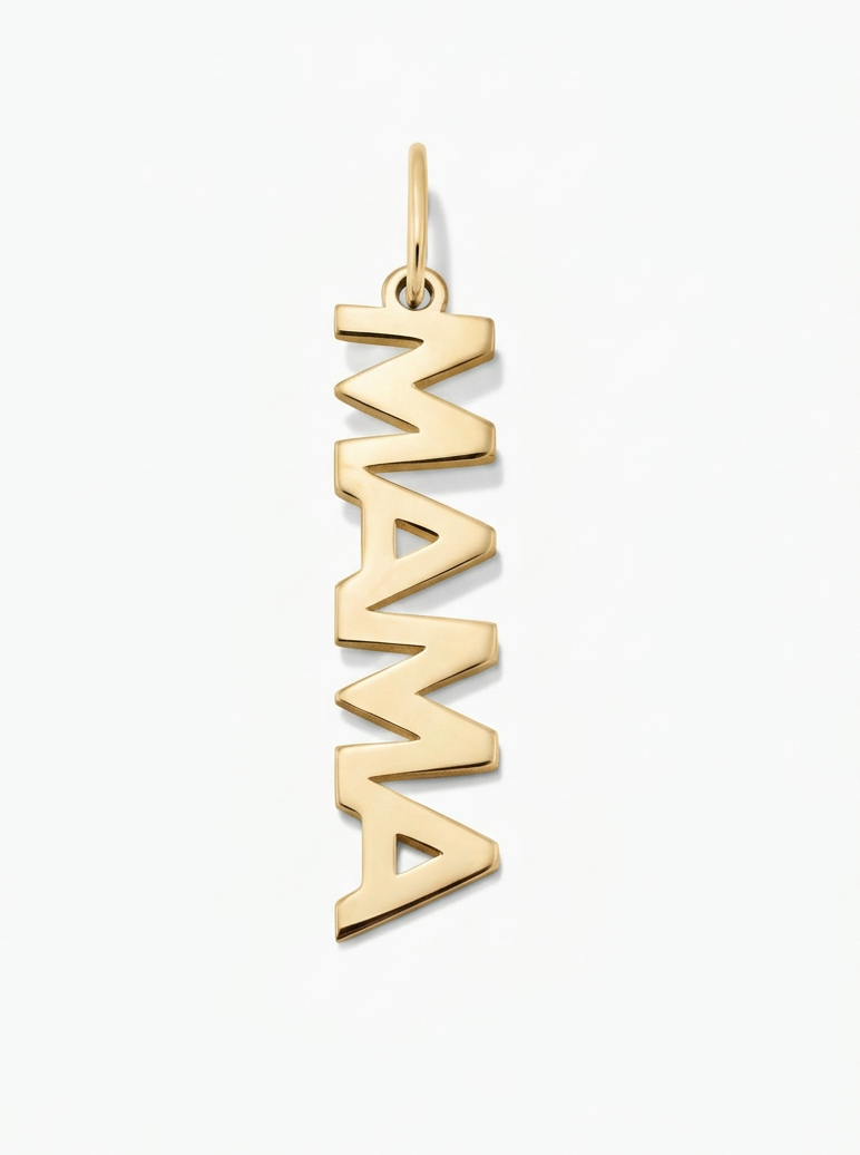 Gold pendant with 'MAMA' letters on a white background