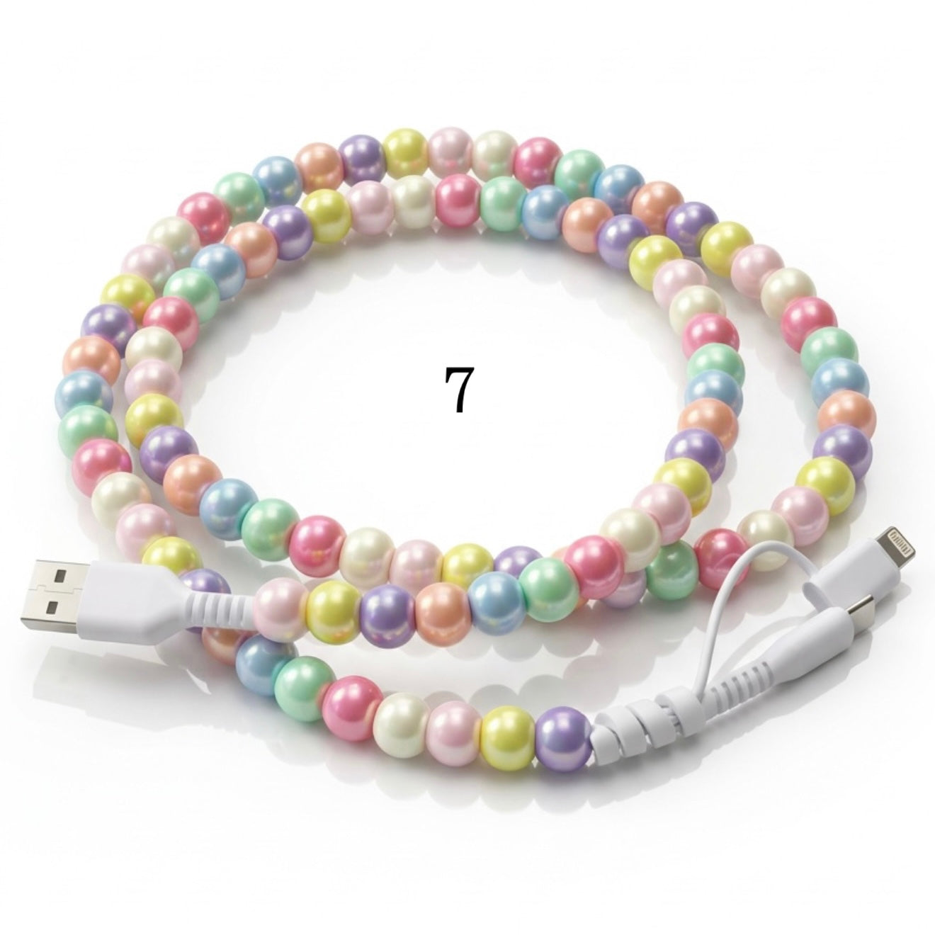Colorful beaded charging cable with USB connector and 2-in-1 Type-C and Lightning ends on white background