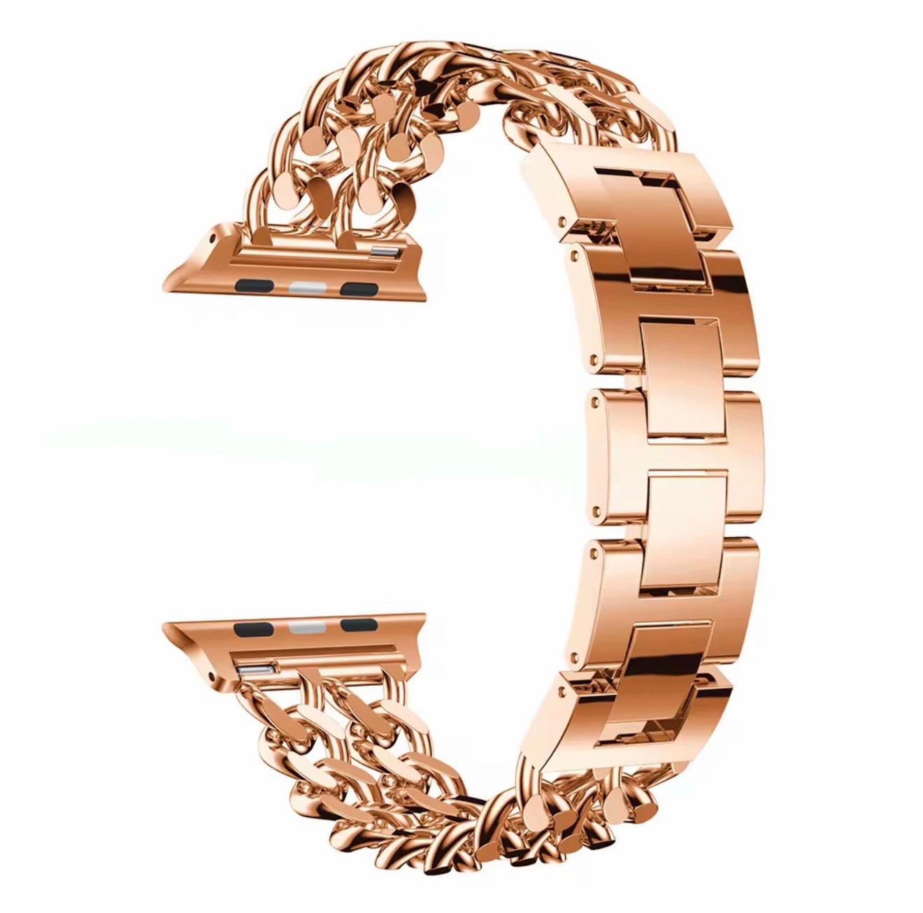 Rose Gold stainless steel smartwatch band with adjustable links, minimalist design