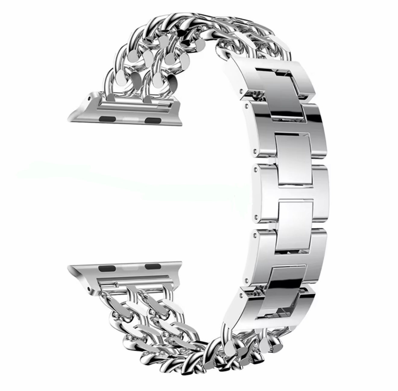 Silver stainless steel smartwatch band with adjustable links, minimalist design