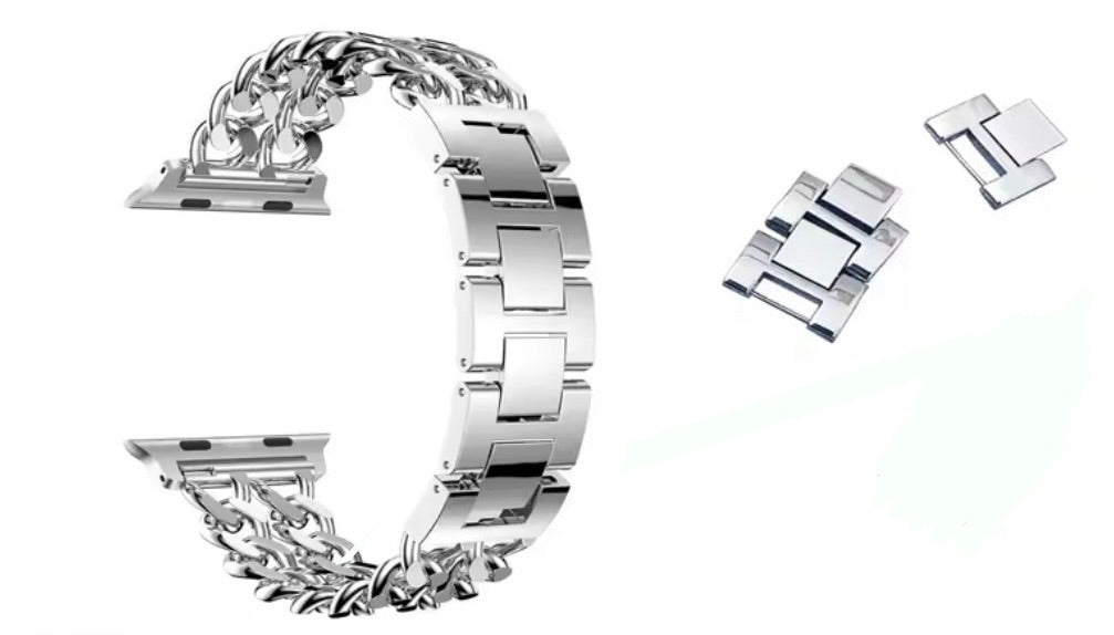 Silver stainless steel smartwatch band with adjustable links, minimalist design