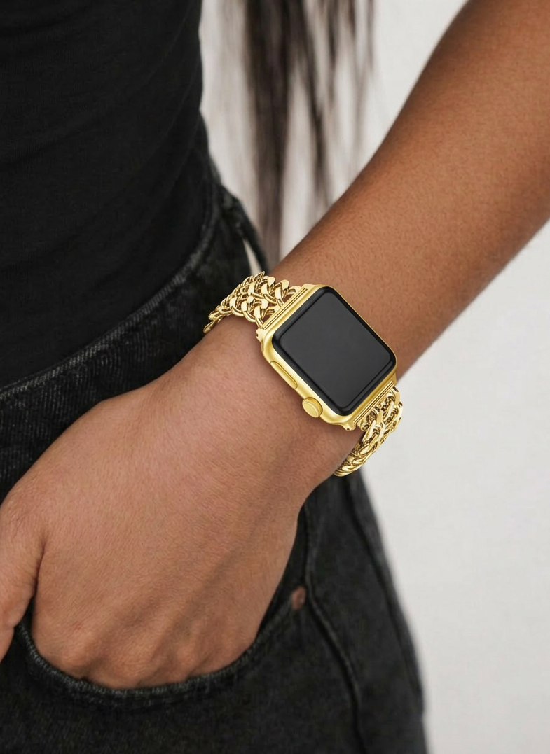 Gold stainless steel smartwatch band with adjustable links, minimalist design