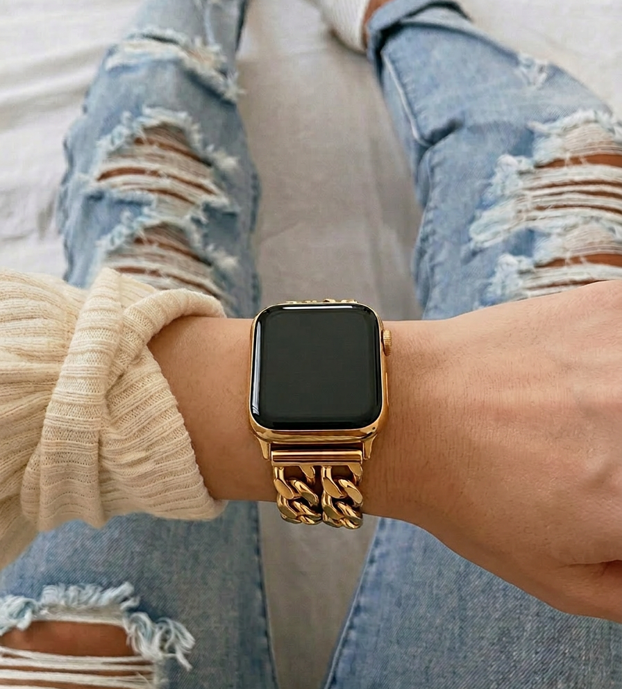 Gold stainless steel smartwatch band with adjustable links, minimalist design