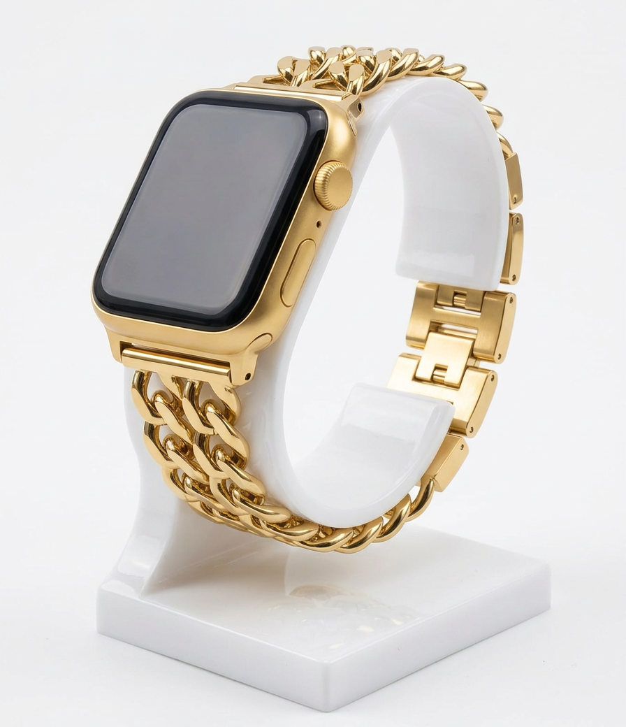 Gold stainless steel smartwatch band with adjustable links, minimalist design