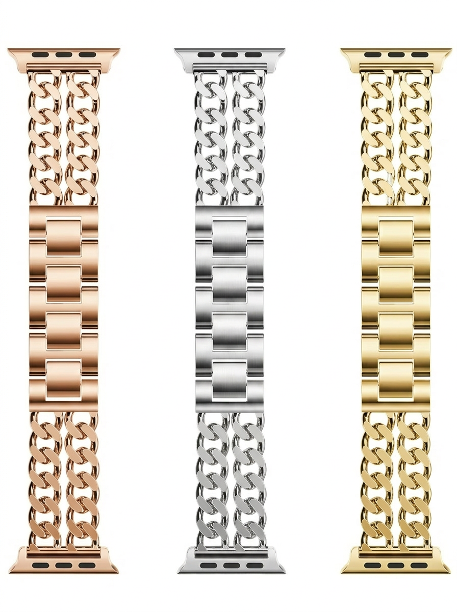 Gold, silver and rose gold stainless steel smartwatch band with adjustable links, minimalist design