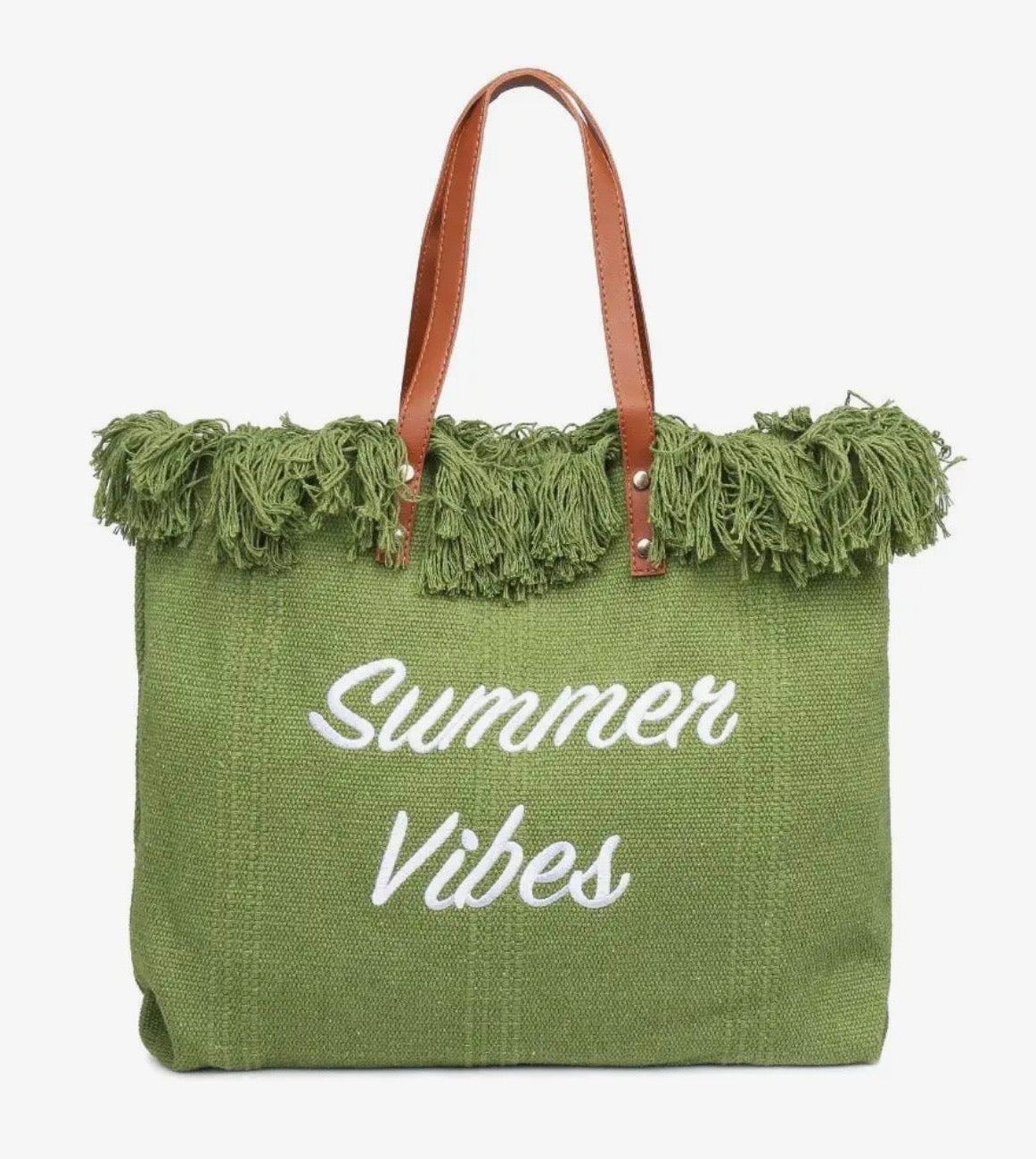 Olive Green tote bag with 'Summer Vibes' text and frayed edge on a white background