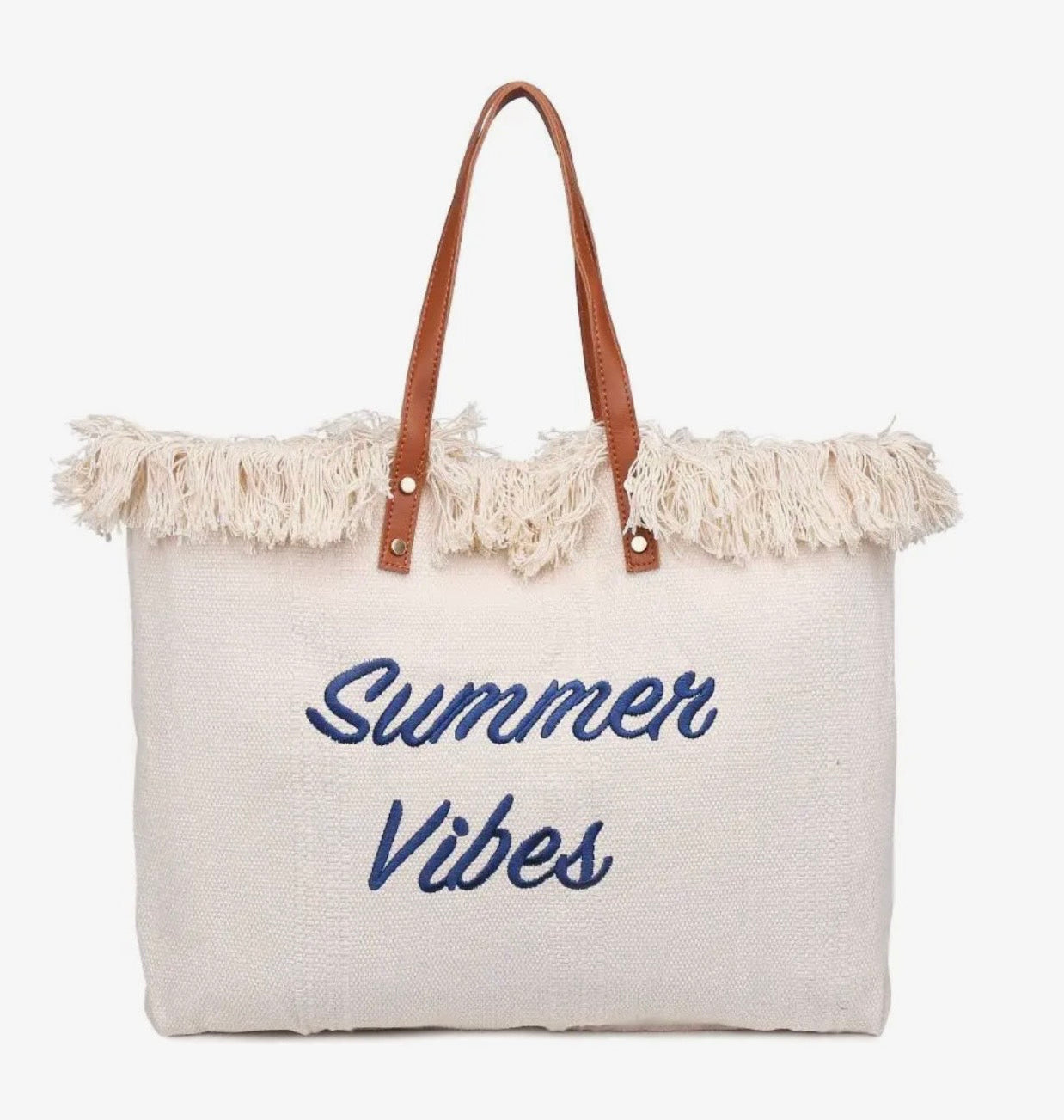 Ivory tote bag with 'Summer Vibes' text and frayed edge on a white background