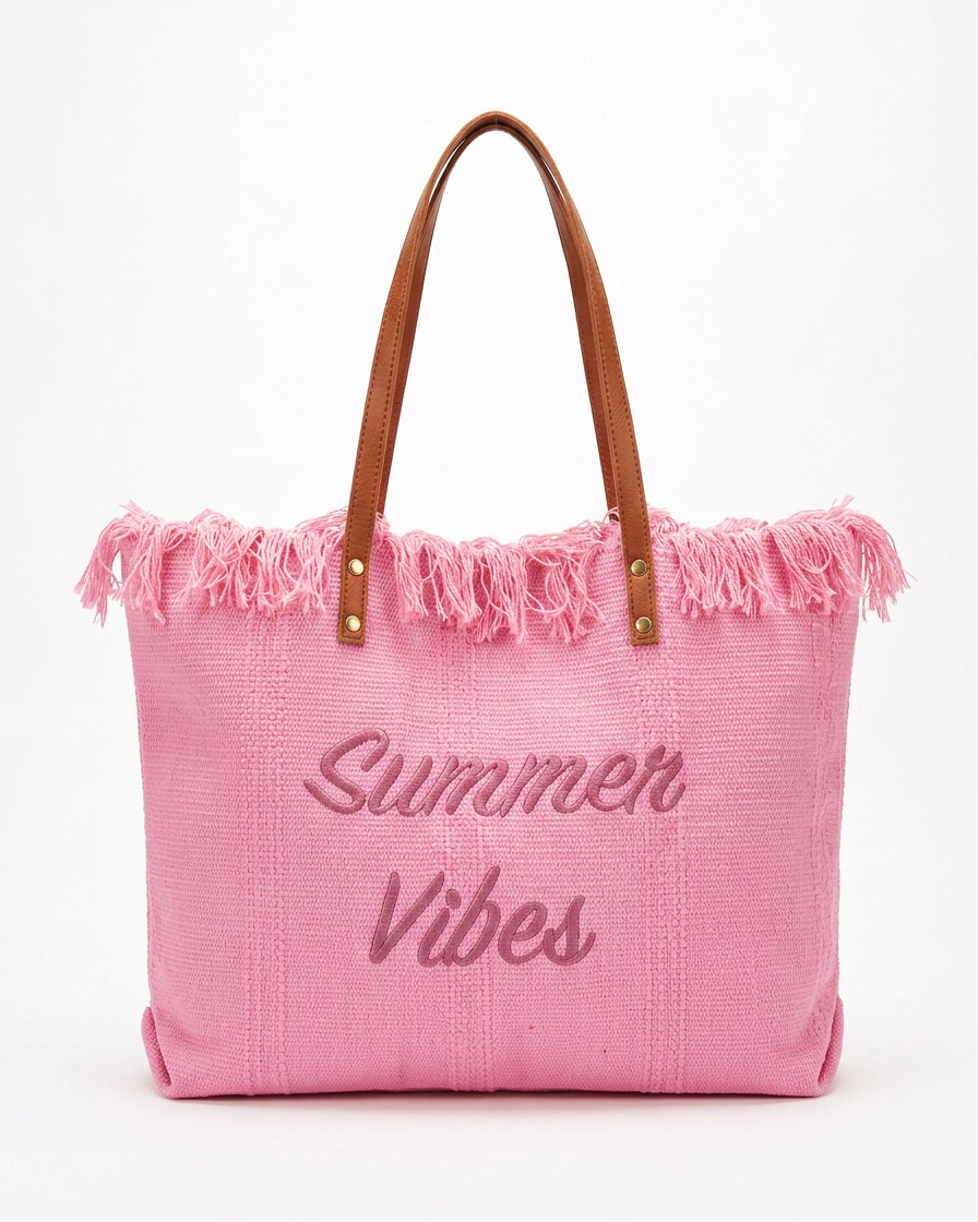 Pink tote bag with 'Summer Vibes' text and frayed edges on a white background