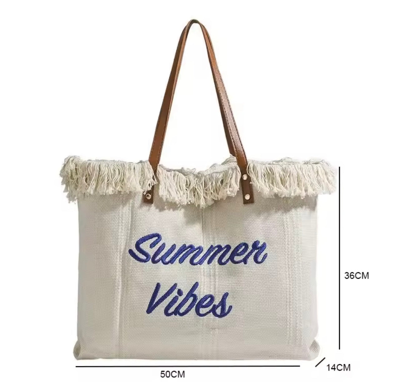 Beige tote bag with 'Summer Vibes' text and fringes, dimensions displayed.
