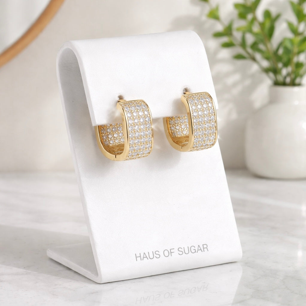 Gold pavé square hoop earrings, chunky huggie style with crystal detailing