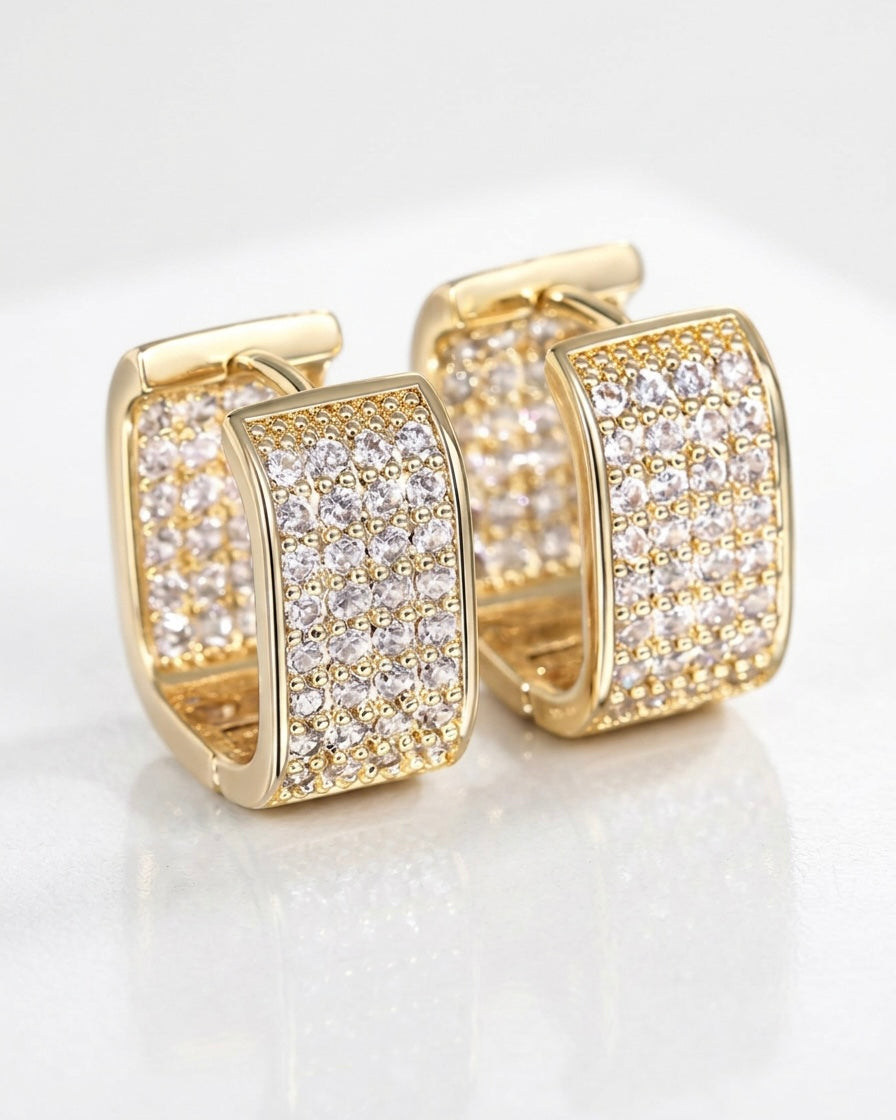 Gold pavé square hoop earrings, chunky huggie style with crystal detailing