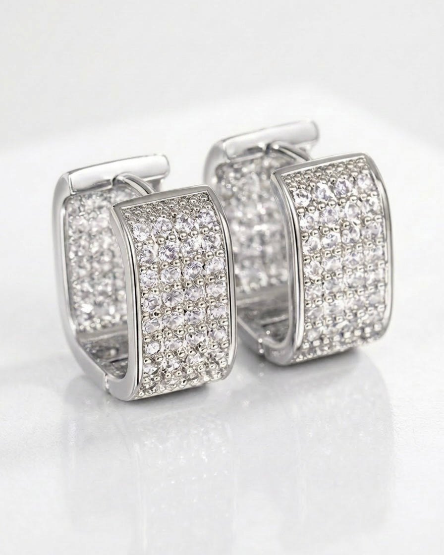 Silver pavé square hoop earrings, chunky huggie style with crystal detailing