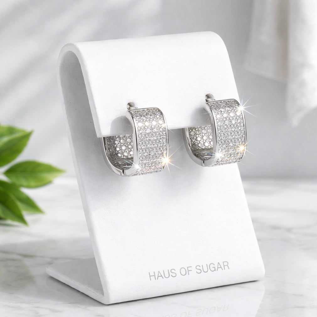 Silver pavé square hoop earrings, chunky huggie style with crystal detailing