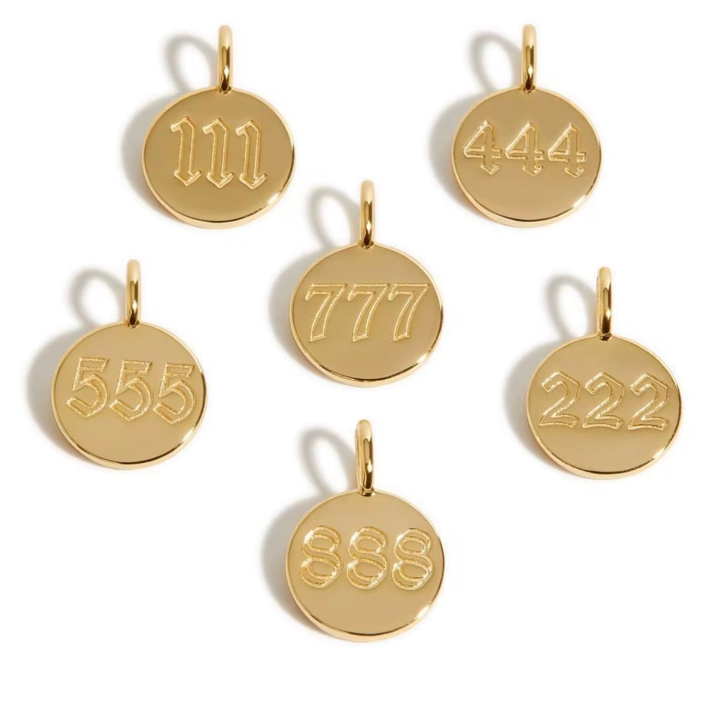 Gold angel number pendant necklace collection featuring numbers 111 222 333 444 555 777 888 999 on gold plated chain
