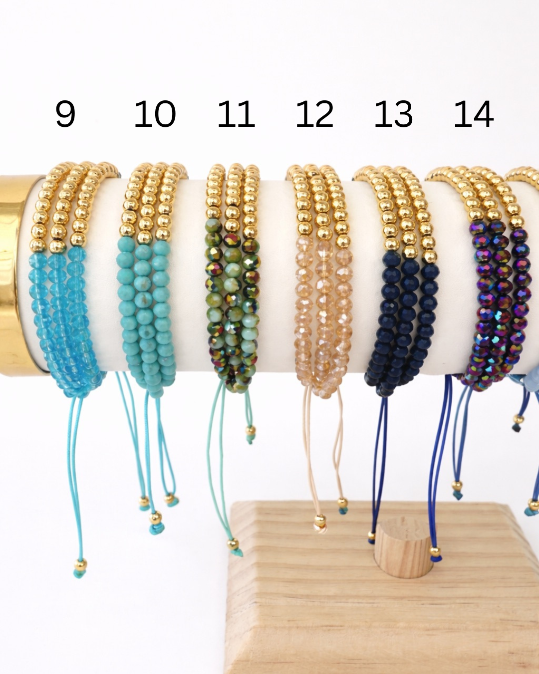 Set of beaded bracelets on a display stand 